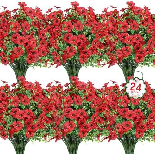 Ouddy Decor 22 Bundles Artificial Flowers for Outdoors Fake Silk Flowers UV Resistant Faux Plastic Plants for Spring Summer Garden Porch Window Box Table Vase Home Indoor Outdoor Decoration, Red