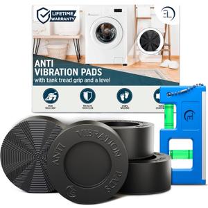 Anti Vibration Pads for Washing Machine with Tank Tread Grip | 4 Pack + Level | Fits Most Round Feet up to 1.75 | Stops Washer Dryer from Moving | Rubber Antivibration Stabilizer for Leveling Washer