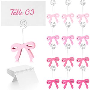 Abbylike 12 Set Pink Bow Place Card Holders with Place Cards Wooden Coquette Table Number Photo Holder Stand Menu Memo Clips Bow Theme Decor for Centerpieces Valentine Wedding Anniversary Birthday