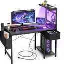 Grandder Gaming Desk 40 Inch with Power Outlet and LED Light, Computer Desk with Reversible Shelves and Storage Drawer, Pc Small Desk for Home Office Table with Bag, Carbon Fiber Black