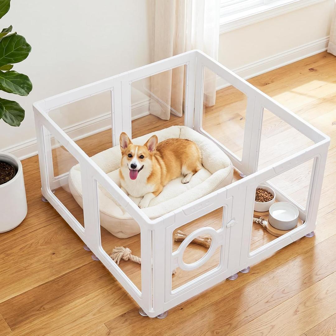 JEKO&JEKO Clear Acrylic Dog Playpen Indoor, Transparent Pet Play Pen for Puppies, Small Dogs, Cats & Rabbits, Easy Assemble Plastic Dog Fence, Easy to Clean (White, 8 Panels)