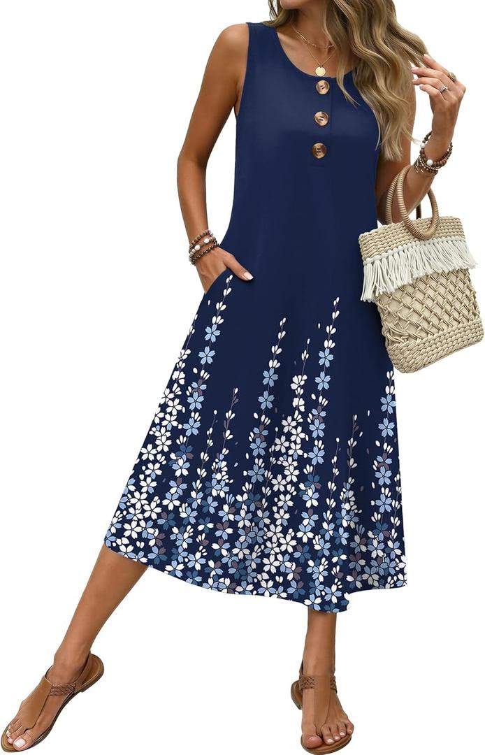 Zeagoo Women Beach Summer Midi Dress 2026 Sleeveless Casual Beachy Sundress Button Down Loose Tank Dresses with Pockets (Blue, XXL)