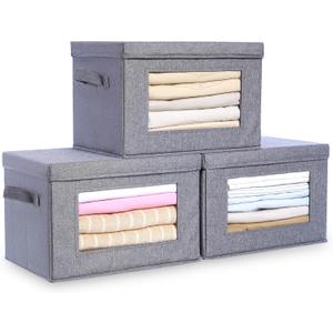 3-Pack Collapsible Storage Bins with Lids, Linen Fabric Foldable Storage Boxes, Cube Closet Organization for Clothes, Blankets and Books, Gray (Grey)