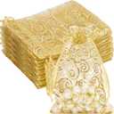 G2PLUS Organza Gift Bags 4x6 Inches - 50Pcs Sheer Mesh Organza Bags with Gold Rattan Printed, Drawstring Tulle Jewelry Pouches for Wedding, Christmas Party Favors