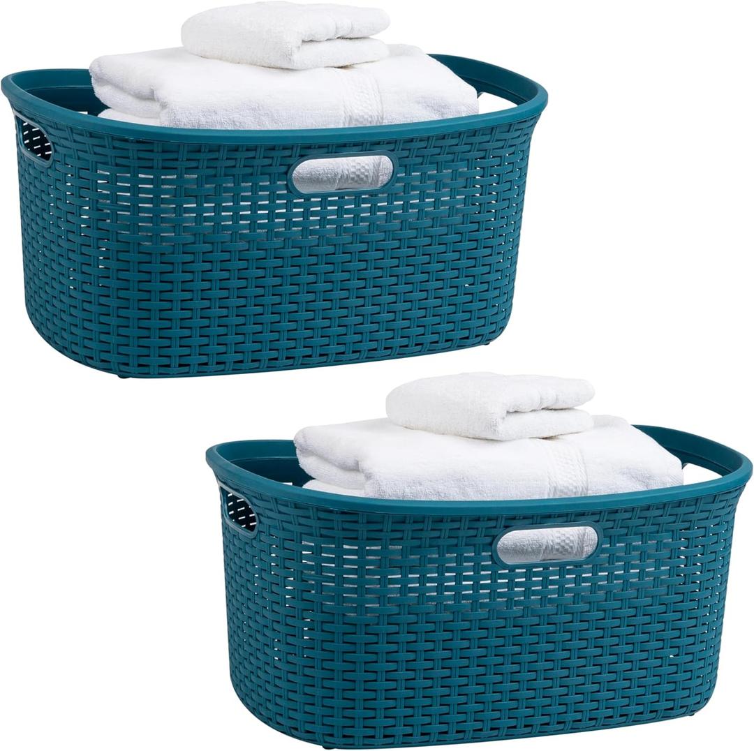 Mind Reader 40L Laundry Basket, Clothes Hamper, Wicker Design, Plastic, 23"L x 14.5"W x 11"H, Set of 2, Blue