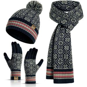 Womens Winter Beanie Hat Long Scarf and Touchscreen Gloves 3Pieces Fleece Lined Skull Caps with Pompom Neck Scarves Set (Navy Blue)