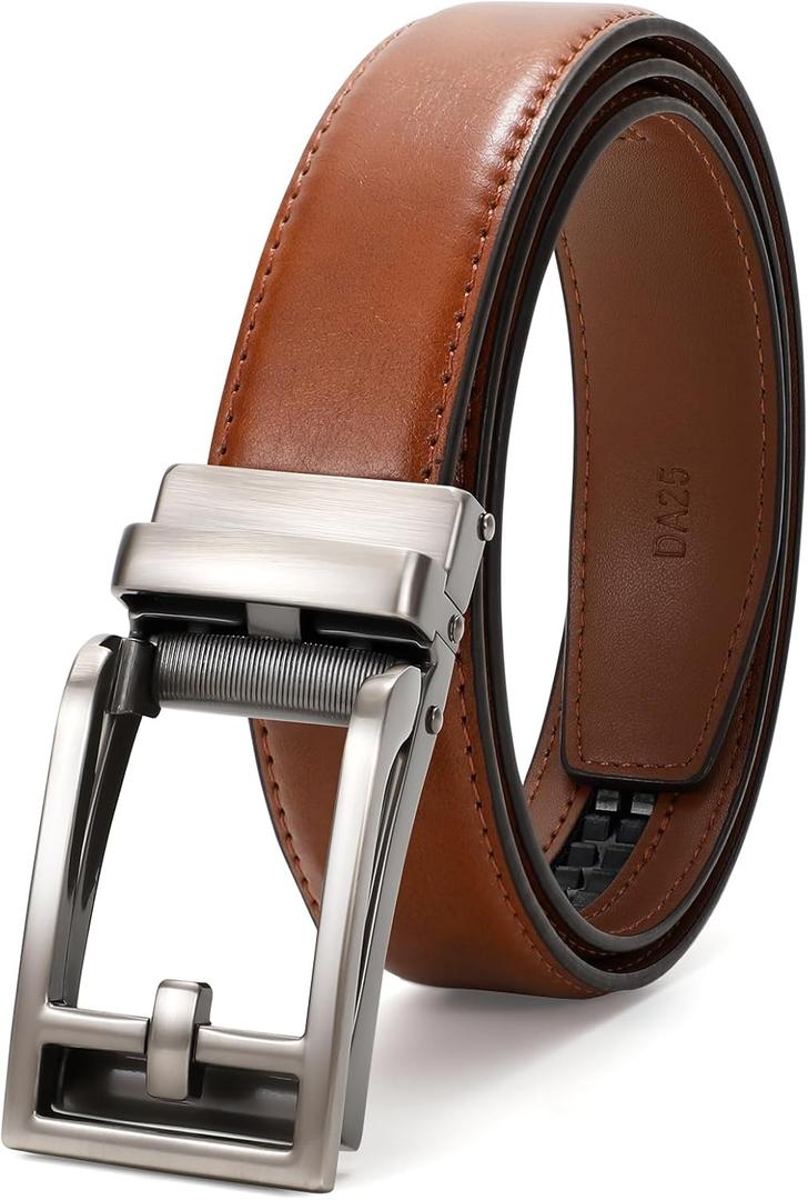 JASGOOD Boys Belt Leather Ratchet Dress Belt Kids Adjustable Leather Belt for School Uniform One Hand Release (18''-25'' Waist Adjustable, Brown)
