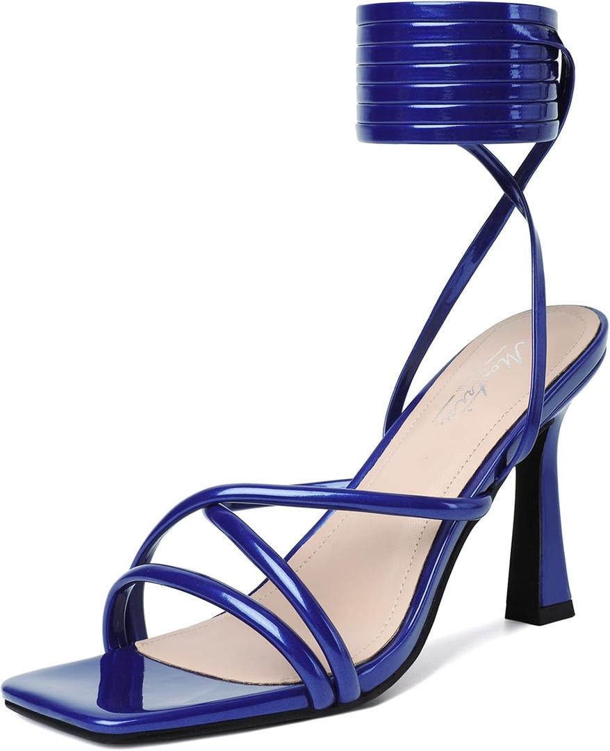 Mostrin Womens Sandals Strappy Heels for Women Lace Up Square Open Toe Heels Tie Up High Heeled Sandals for Prom, Party, Daily Wear (11, Royal Blue)