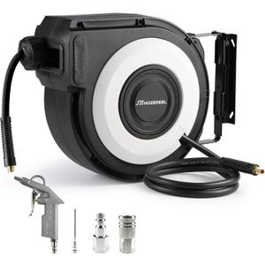 Enclosed Retractable Air Hose Reel, 3/8 Inch x 50+5 Ft Hybrid Hose Air Compressor Hose Reel in Max 300 PSI Design, 180Swivel Bracket Quick Coupler(Black)