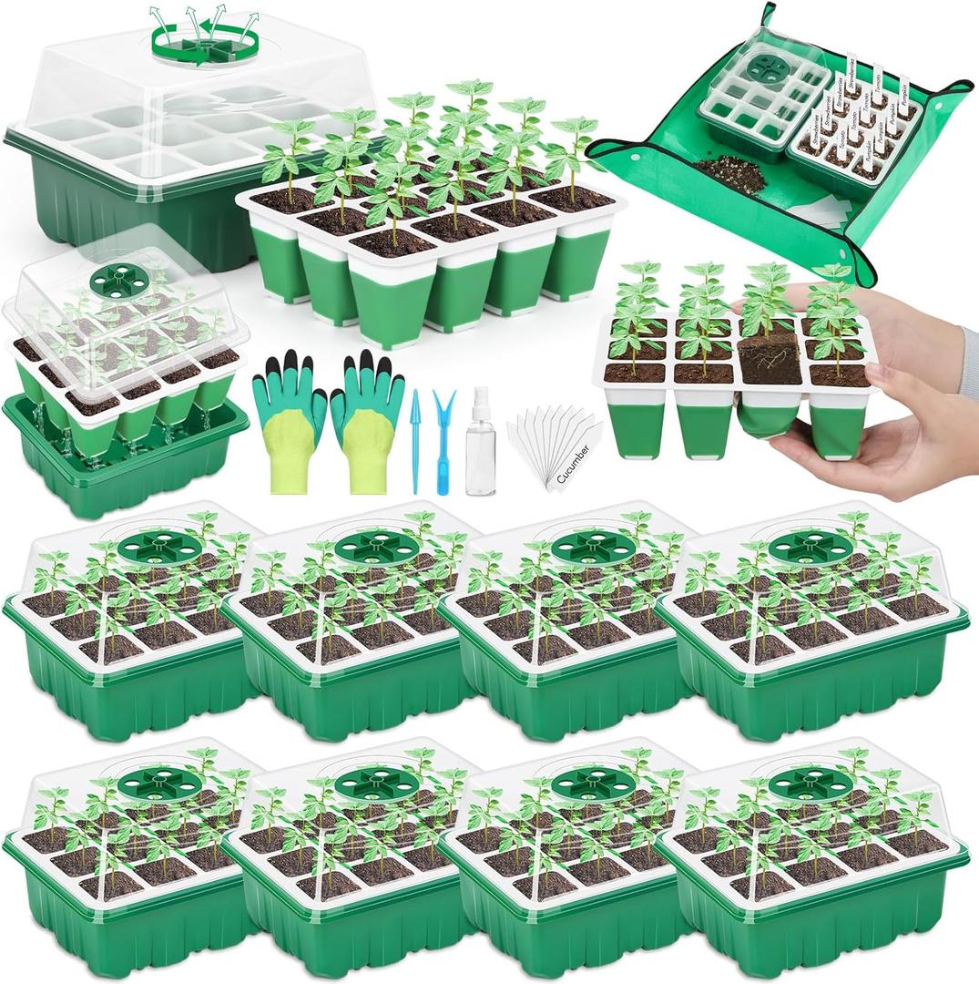 Reusable Silicone Seed Starter Tray, 96 Cells Seed Starter Kit with Humidity Adjustable Dome and Lid, 8 Packs Plant Germination Trays with Repotting Mat Germination Kit for Seeds Grow Starting