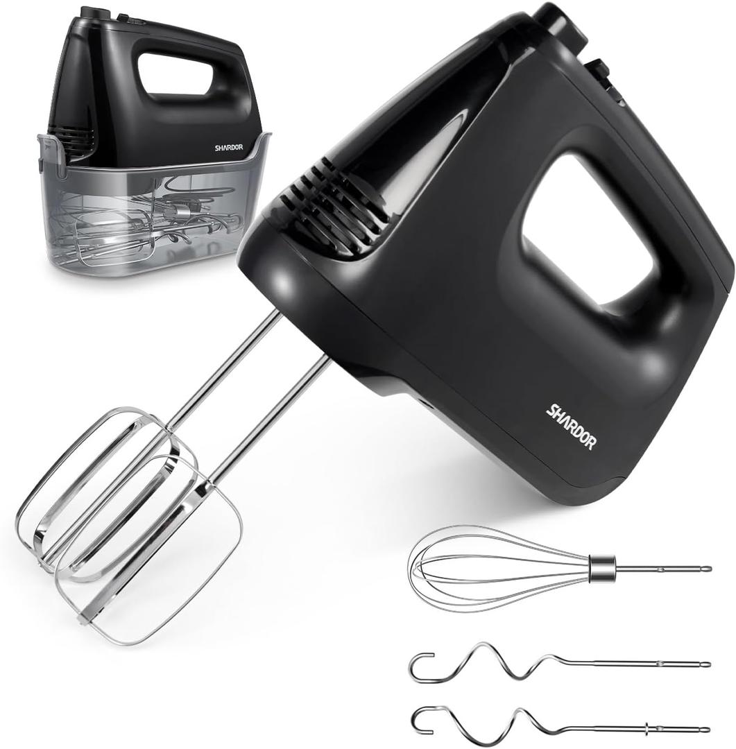 SHARDOR Hand Mixer Electric, 6 Speed & Turbo Mixer Electric Handheld, Snap-On Storage Case,5 Stainless Steel Accessories for Whipping, Mixing Cookies, Brownie, Cakes, Dough Batters (Black)