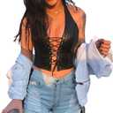 Women's Sexy Adjustable Spaghetti PU Leather Bustier Crop Tube Top Rave Dance Cutout Cami Tank Tops