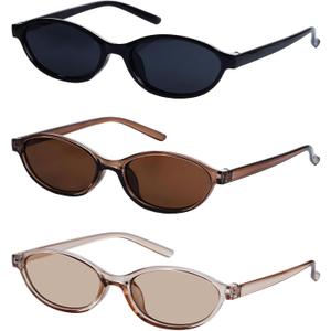 3 Pairs Retro Oval Cat Eye Sunglasses for Women 90s Designer Narrow Sunnies Y2k Trendy UV protection Sun Glasses (Black/Gray + Brown/Gradient Tea + Champagne/Champagne)