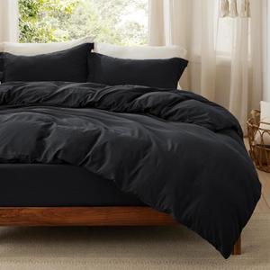 Bedsure Duvet Cover Queen Size with Fitted Sheet - 4 Pieces Prewashed Polyester Extra Soft Bedding Set, Includes 1 Duvet Cover 90x90 Inches with Zipper Closure, 2 Pillow Shams, 1 Fitted Sheet, Black (07 - Black (No Comforter))