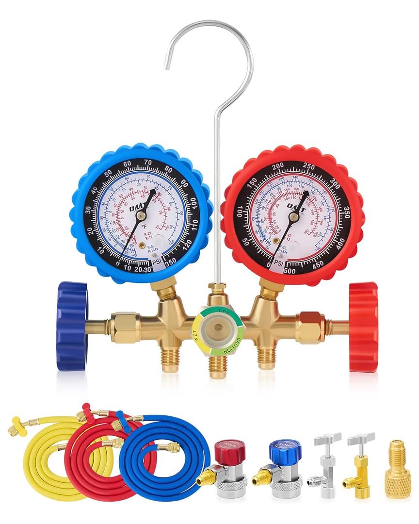 Orion Motor Tech AC Gauge Set with Self Sealing & Puncturing R134A Can Tap, AC Gauges for R134a R12 R22 R502 Refrigerant, Car AC Gauge Set with 5FT Hoses Adapter Adjustable Couplers, Freon Charge Kit