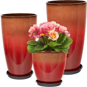 Neoaider Set of 3 Tall Planter, 24/21/12in Large Plastic Planter, Firey Red