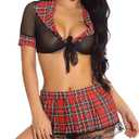Sexy School Girl Costume for Women, Cosplay Student Outfits School Lingerie Set with Mini Skirt and Sexy Lace Mesh Top Onesize 2-8 (Red)