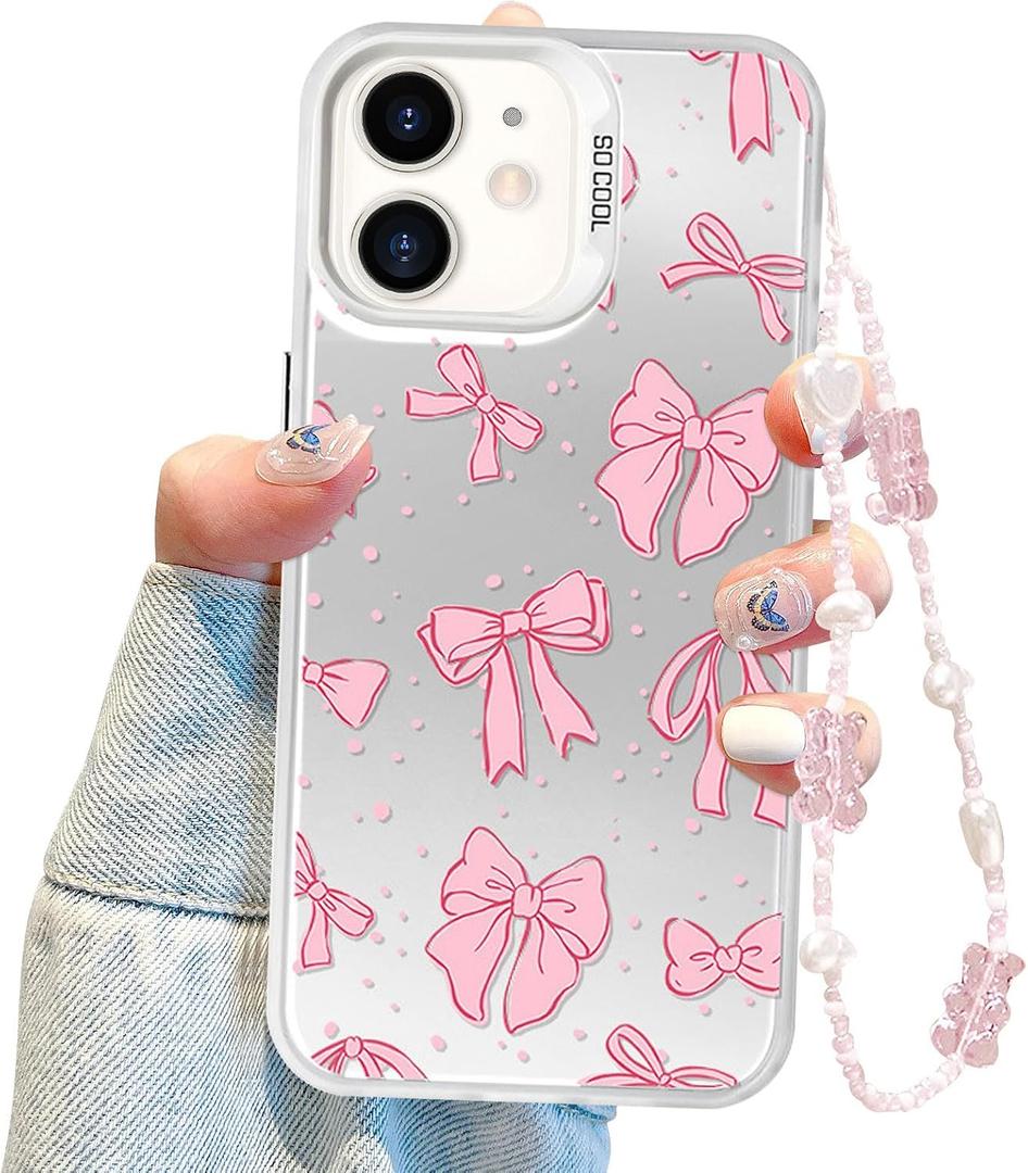 Jusy Coquette Bowknot Phone Case for iPhone 11, Cute Pink Ribbon Bow Aesthetic Case for Women Girls with Bracelet Chain - 2019 Pink