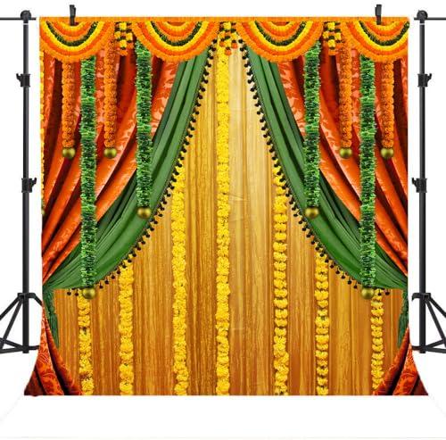 Lofaris India Pooja Photography Backdrop Puja Ganpati Pooja Traditional Mehndi Festival Background Decorations Wedding Party Marigold Garlands Photo Props 8x8ft