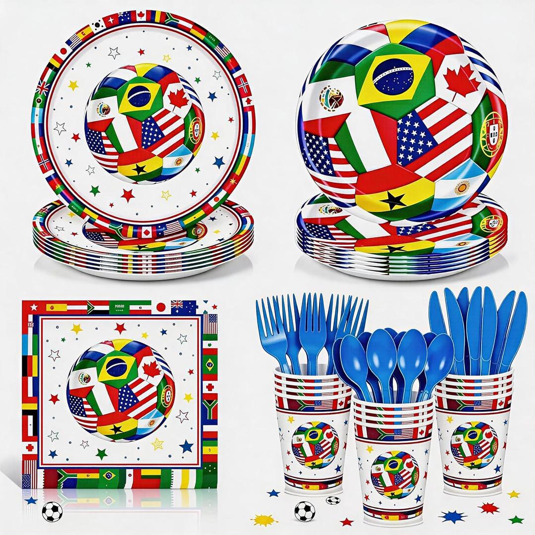 168 Pcs Soccer Party Supplies Serves 24 World International Flag Tableware Set Disposable Paper Plates Cups Napkins and Cutlery for Boys Birthday Sports Decor