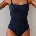 B2prity One Piece Swimsuit for Women Tummy Control Retro Bathing Suit Button Up Slimming Swimwear (Blue, XXL)