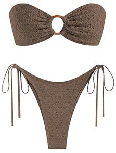 ZAFUL Women's Bandeau Bikini Strapless O Ring Lace Tie Back High Cut Two Piece Swimsuit Bathing Suits (2-Deep Brown, S)