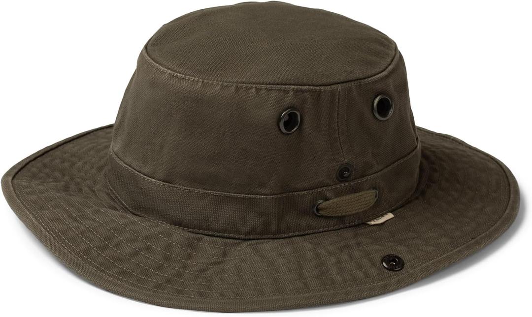 Tilley The Wanderer Hat, UPF 50+ Sun Protection, Water-Resistant, Breathable Cotton Duck, Floats on Water, Enzyme-Washed for Travel-Worn Look, Backed for Life, Olive, 7 3/4