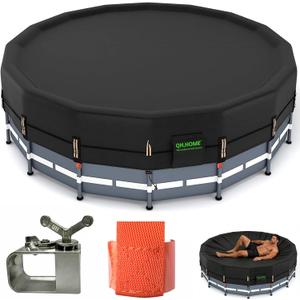 QH.HOME 550D 14 ft Pool Cover Round[Upgraded Tear Resistant & Quadruple Windproof] wth Pre-Installed Patented Winch and Rope, Pool Covers for Above Ground Pools-Snug Fit & Waterproof Protection