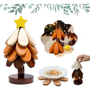Wooden Tree Trivet for Hot Dishes,Natural Christmas Tree Trivets Set of 4,Tree Shape Trivet for Hot Pot Pans,Table Decor Coaster for Bowls Teapots Drinks Plates, Home Kitchen Decor