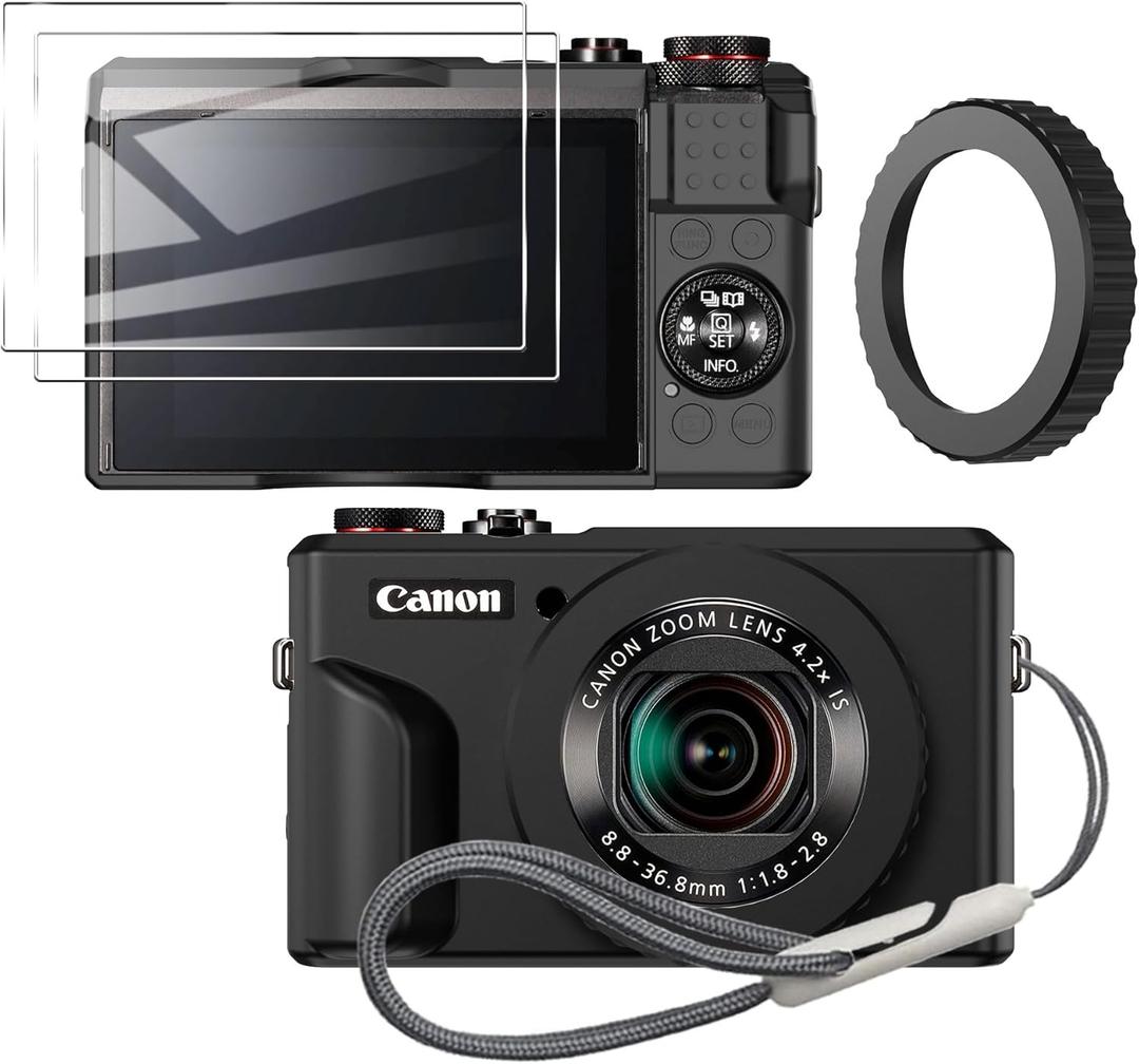 Case for Canon PowerShot g7x Mark ii Camera Removable Lens Cover, Adjustable Focal Length, Silicone Cover Rubber Soft Camera Case and G7x Mark ii Screen Protector 2Pcs - Black