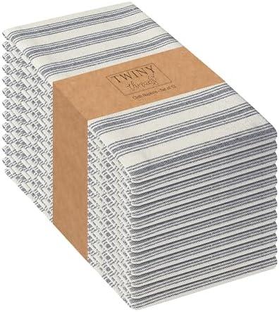 TWINY threads Stripe Cloth Napkins 100% Cotton Set of 12 Rustic Farmhouse Napkin Washable Hotel Quality Dinner Napkins for Home, Restaurant, Wedding - Navy
