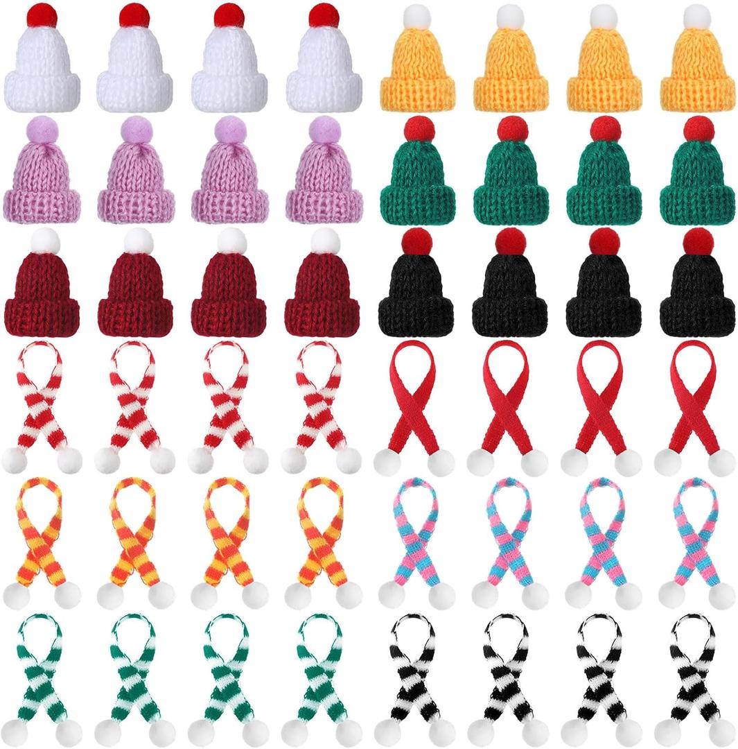Bencailor 48 Pcs Mini Christmas Hats and Tiny Scarf Set Mini Knitting Doll Hat Scarf Santa Small Snowman Hat Ornaments for DIY Craft Art Doll Decoration (Cute Color)