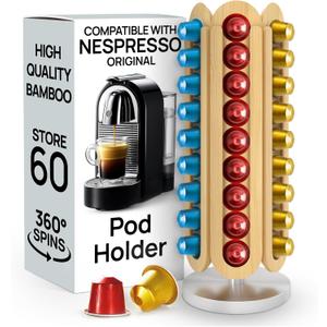 Ibyx 60-Capsule Nespresso Pod Holder  360 Rotating Coffee Storage Stand  Compatible with Nespresso Original  No Assembly, Natural Wood Design