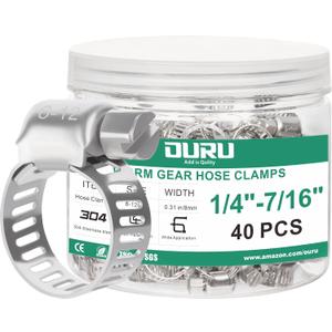 40PCS Hose Clamps Stainless Steel Adjustable 1/4" 7/16"(6-12mm) Worm Gear Hose Clamp Kit,Small Metal Hose Clamps Set for Automotive,Plumbing,Intercooler,Pipe,Fuel Line Radiator Clamps