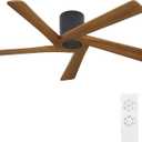 WINGBO 48 Inch Flush Mount DC Ceiling Fan without Lights, 5 Reversible Carved Wood Blades, 6-Speed Noiseless DC Motor, Hugger Ceiling Fan No Lights in Matte Black Finish with Walnut Blades, ETL Listed