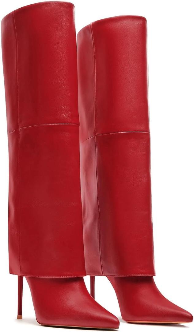 Femflame Fold Over Knee High Boots - Wide Calf, Pointed Toe Stiletto Heel, Tall Boots (7, 1red)