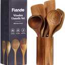 Flende Wooden Cooking Utensils Set, 8-Piece Acacia Wood, Rustic, Non-Scratch, Heat Resistant, Natural Color, Plastic Free, Kitchen Utensils Set