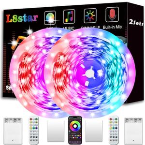 L8star Battery Powered Led Strip Lights, 2x16.4Ft (32.8Ft),Two Sets of Strip Light with 4 AA Battery Box/USB RGB LED Lights, Remote and APP Control