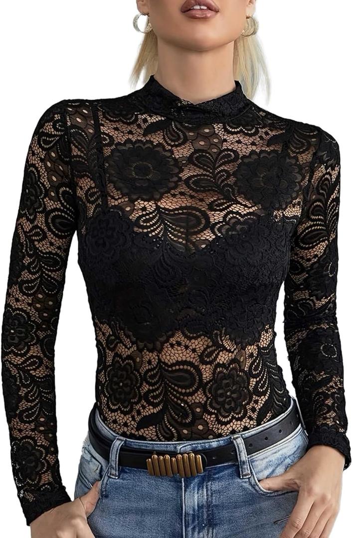 METWAY Women's Lace Long Sleeve Top Sheer Mesh Undershirt Blouse Sexy Floral See Through V Neck Lace Layering Tee Shirt (Medium, Crew Black)