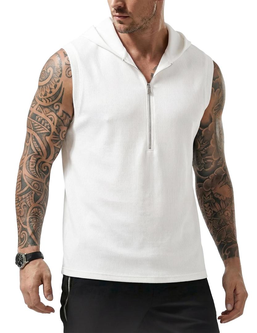 JMIERR Men's Fashion Sleeveless Hoodie Tank Tops Quarter Zip Pullover Vest Casual Slim Fit Muscle Hooded Tee Shirts for Summer Beach and Streetwear, L, White (White, L)