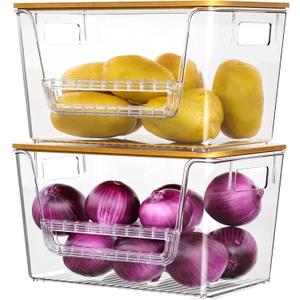 2 Set Pantry Organizers,Stackable Potato and Onion Storage Bins with Bamboo Lids,Trash Bag Dispenser for 4-13 Gal Bags,kitchen Countertop Organizer for Produce or Snacks