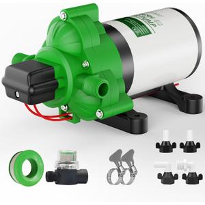 RVGUARD 12V DC Self Priming Water Pump, 3.5 GPM 45 PSI, Green Plastic Diaphragm Pump with Strainer Filter, Adapters, for RV, Yacht, Garden, Camper