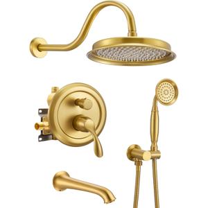 DASAN Brushed Gold Shower System with Tub Spout, Tub and Shower Faucet Combo Set with Valve & Trim Kit Bathtub Shower Faucet Set Bathtub Shower System with Rainfall Shower Head & Handheld, AT309W-BTG