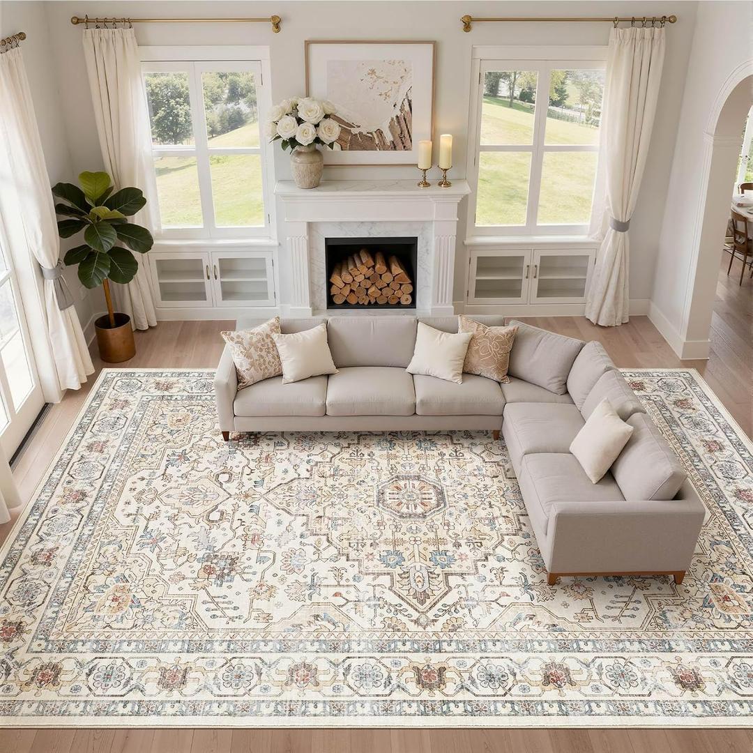 12x15 Area Rug Living Room: Washable Boho Large Neutral Vintage Soft Rug Stain Resistant Farmhouse Non Slip Indoor Floor Carpet for Bedroom Nursery Kids Playroom Office Dining Room- Cream Blue