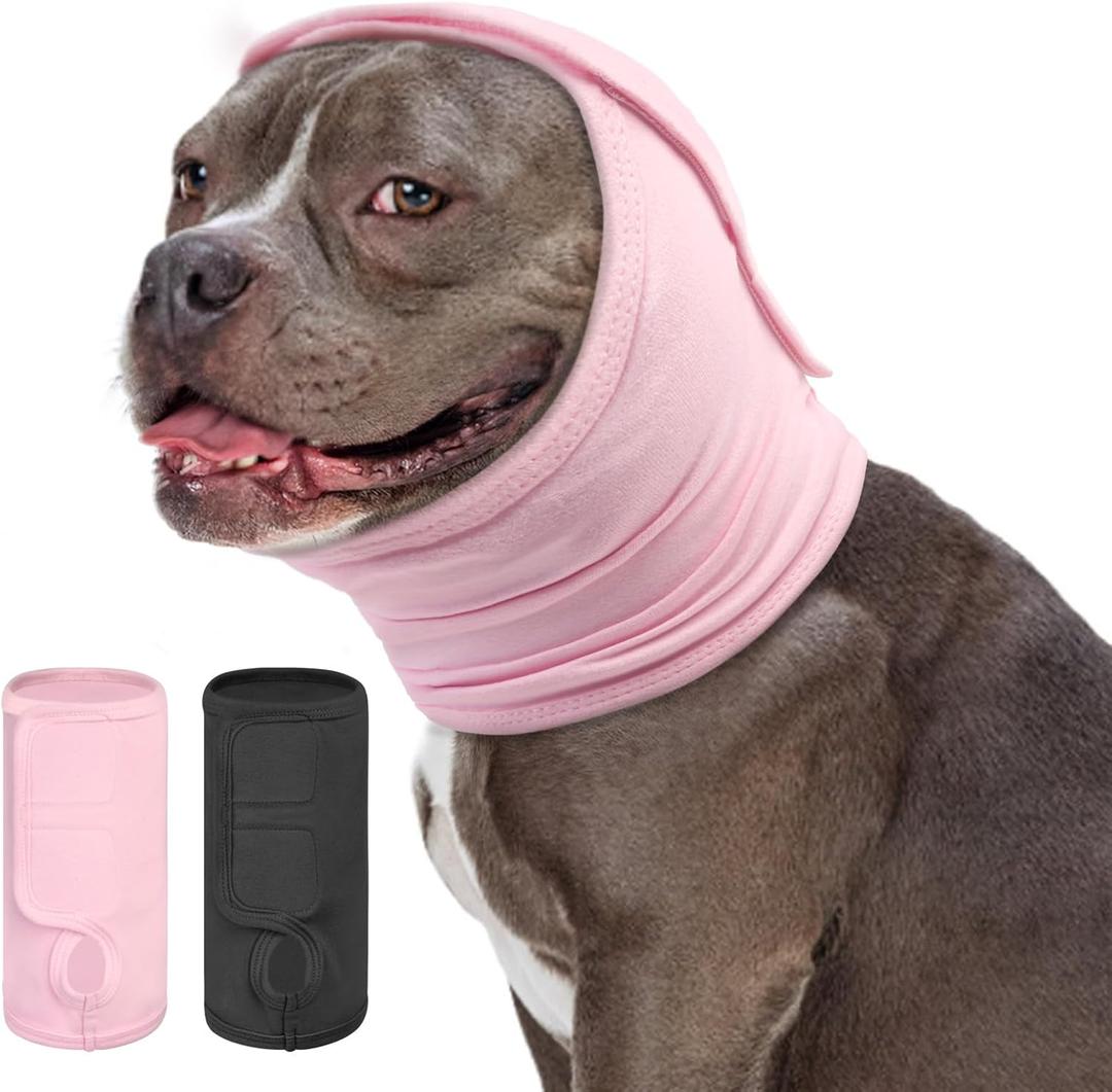 KOESON Dog Calming Hoodie, Soft No Shake Ear Wraps for Dogs, Adjustable Dog Ear Muffs Noise Protecion, Head & Neck Covers for Dogs for Thunder, Firework, Grooming, Separation Anxiety, Hematoma (Light Pink)