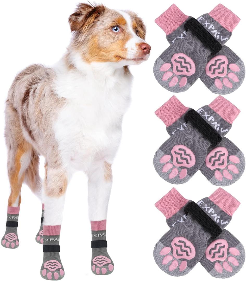 EXPAWLORER 6PCS Anti-Slip Dog Socks to Prevent Licking Paws,Dog Shoes for Hot Pavement,Best Paw Protector Traction Control on Hardwood Floor,Dog Booties for Puppy Small Medium Large Senior Dogs (Pink and Grey)