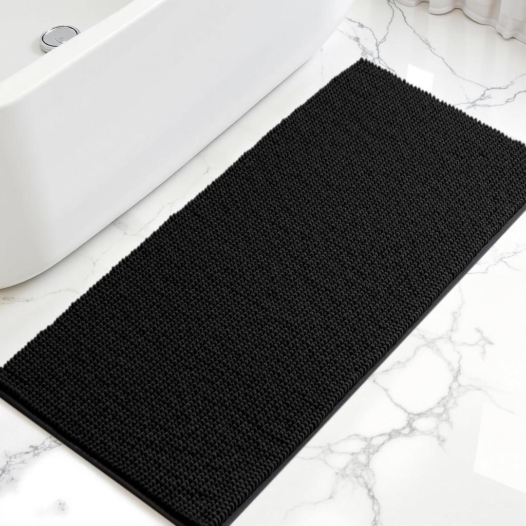 SUBRTEX Bathroom Rugs, 24" x 60" Chenille Bath Rug Soft Short Plush Bath Mat Soft Shower Mat Water Absorbent Shower Mat Quick Dry Machine Washable, Black