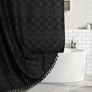 Boho Black Woven Fabric Shower Curtain with Tassels 60 x 72 Modern Farmhouse Minimalist, Tufted Chevron Striped Shabby Chic Textured, Water Resistant Cloth Curtain for Bathroom, Hotel Decor