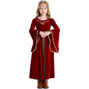 Renaissance Dress for Girls Medieval Princess Girls Costume Halloween Cosplay Renaissance Faire Outfit For Kids (130, Red)