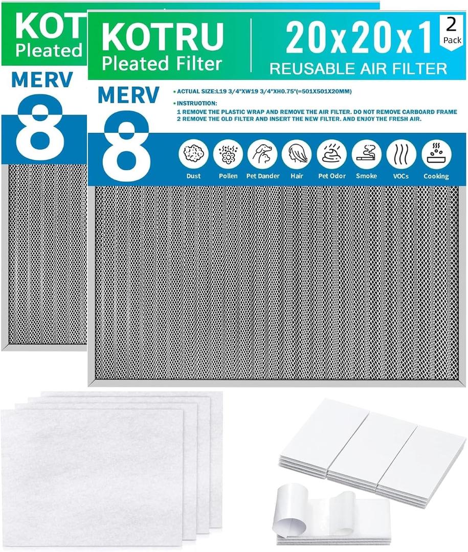 20x20x1 Reusable Air Filter Kit: Includes 4 replaceable MERV 13 filter pads and MERV 8 electrostatic aluminum mesh filter, suitable for HVAC and fireplace systems (2-Pack)
